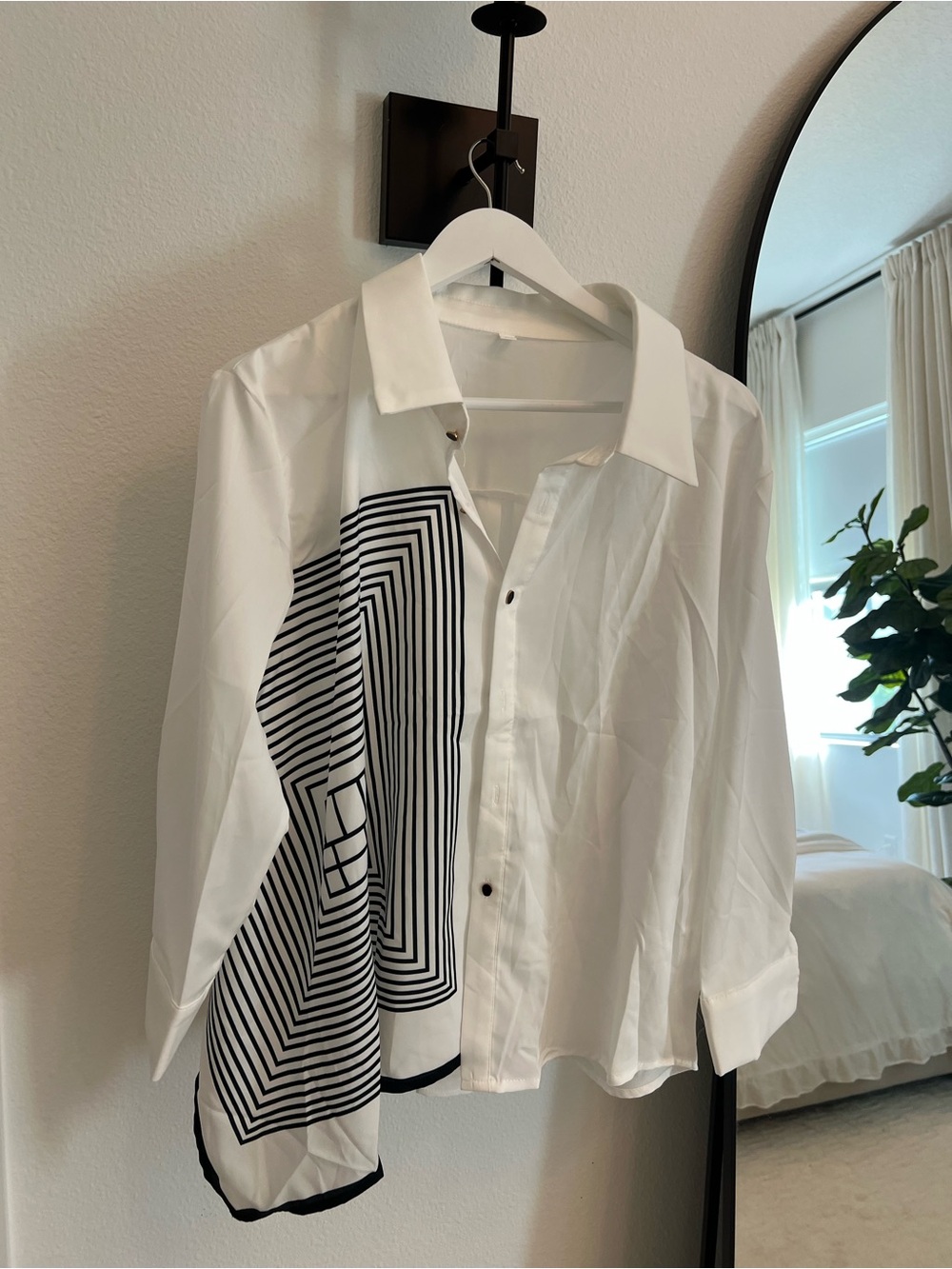 White Men’s Button-Up Shirt with Black Geometric Print